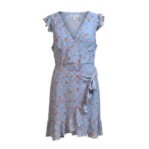 Dee Elly Women's XL Floral Wrap Dress Blue Flutter Sleeve Ruffle Hem Cottagecore